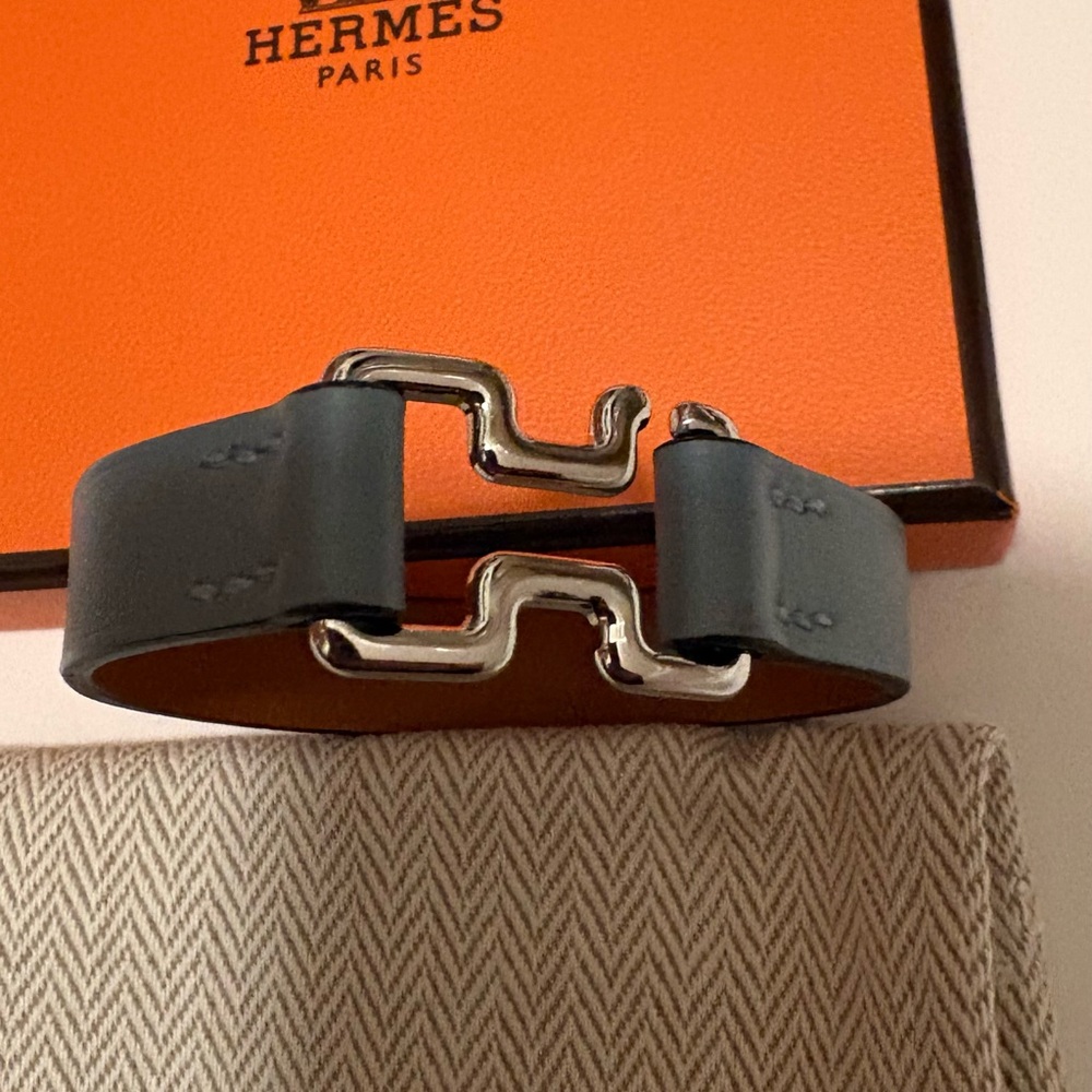 Hermès Blue/Gray Leather Bracelet with Silver Clasp